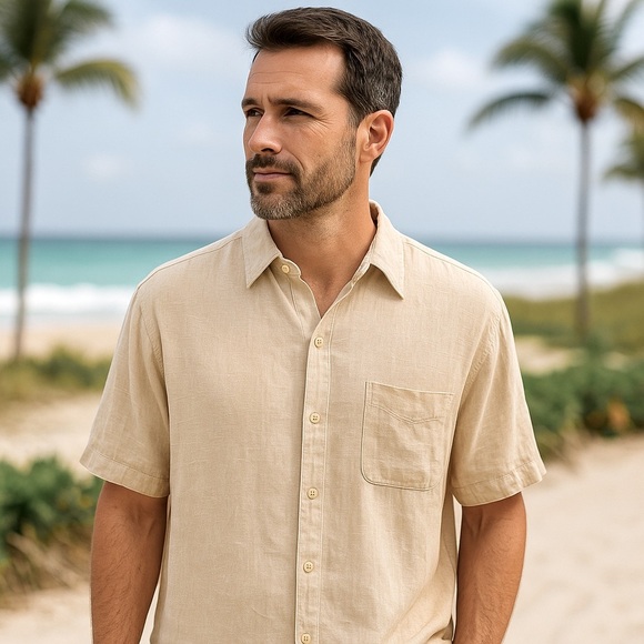 Tasso Elba Men's Casual Linen Blend Beige Button Down Shirt - Picture 16 of 16